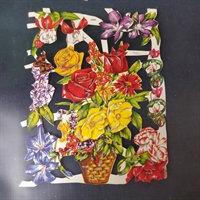 1 ark med gule, røde og lilla blomster, gamle glansbilleder